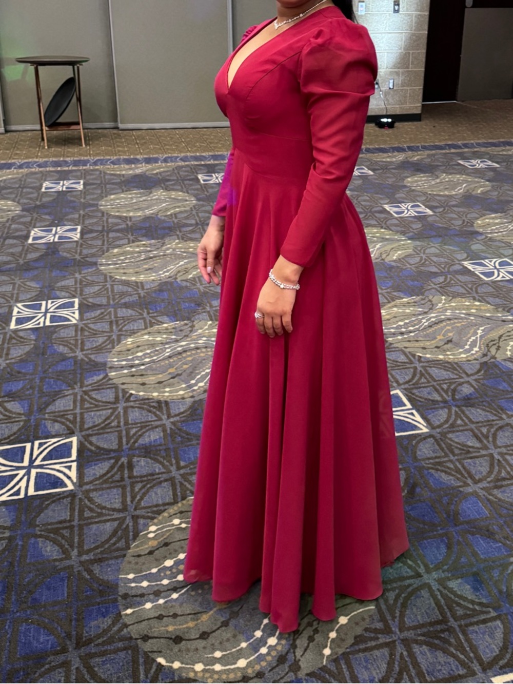 JJs House Deep Burgundy Long-Sleeve A-Line Evening‎ Gown
